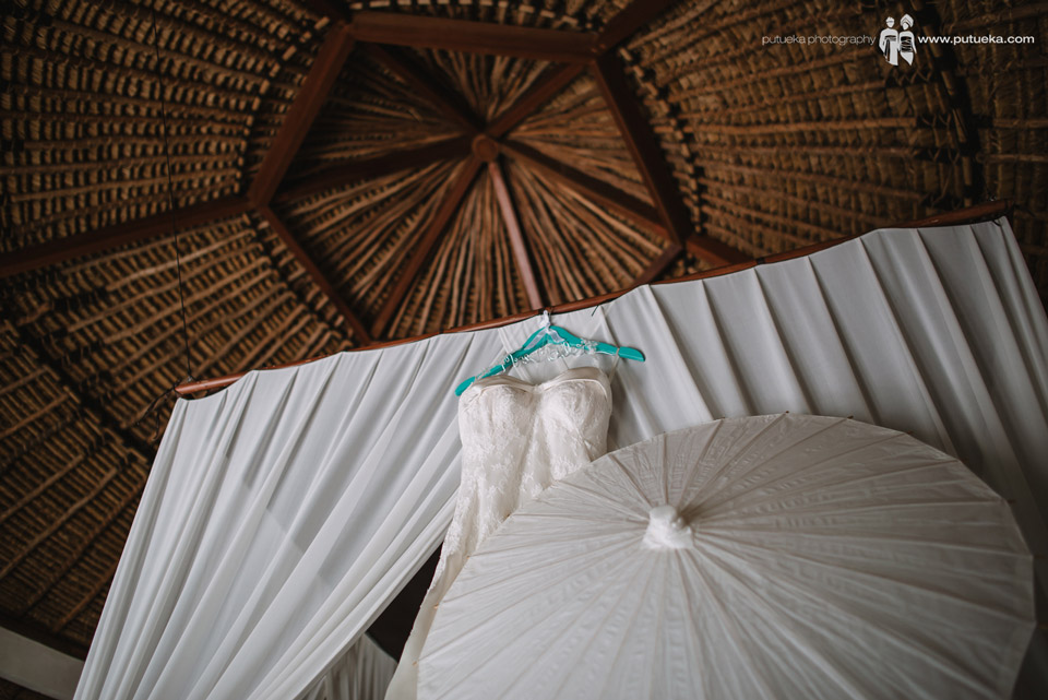 Camille wedding dress with white umbrella